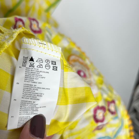 Rosalita McGee Womens Dress L Yellow Gingham Floral Embroidered Cotton Colorful - Picture 11 of 12